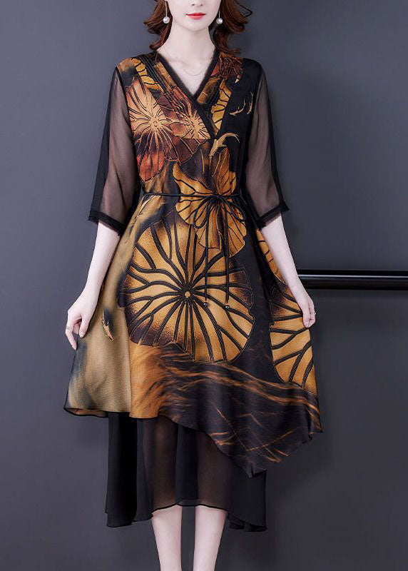 Women Black Asymmetrical Patchwork Print Silk Dress Summer TH1015 - fabuloryshop