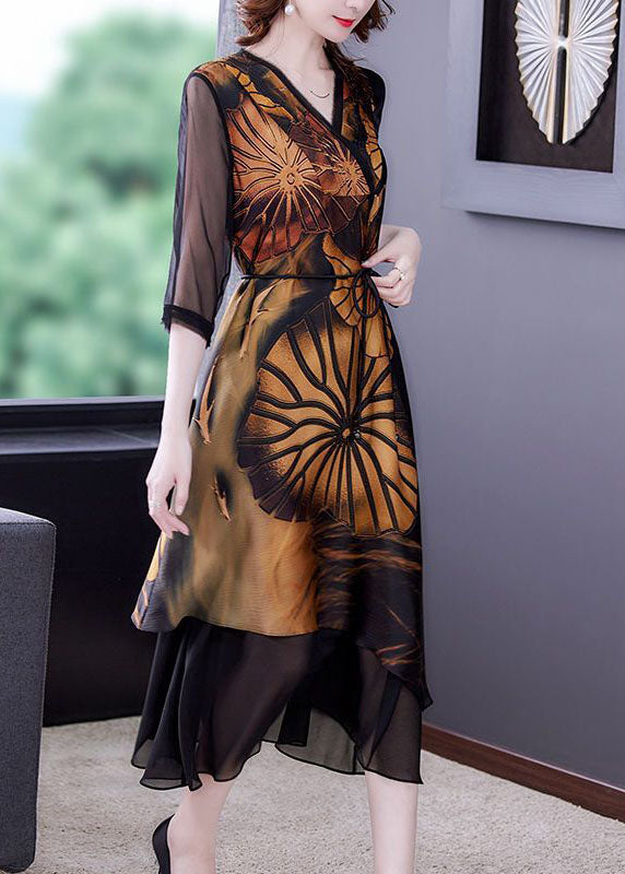 Women Black Asymmetrical Patchwork Print Silk Dress Summer TH1015 - fabuloryshop