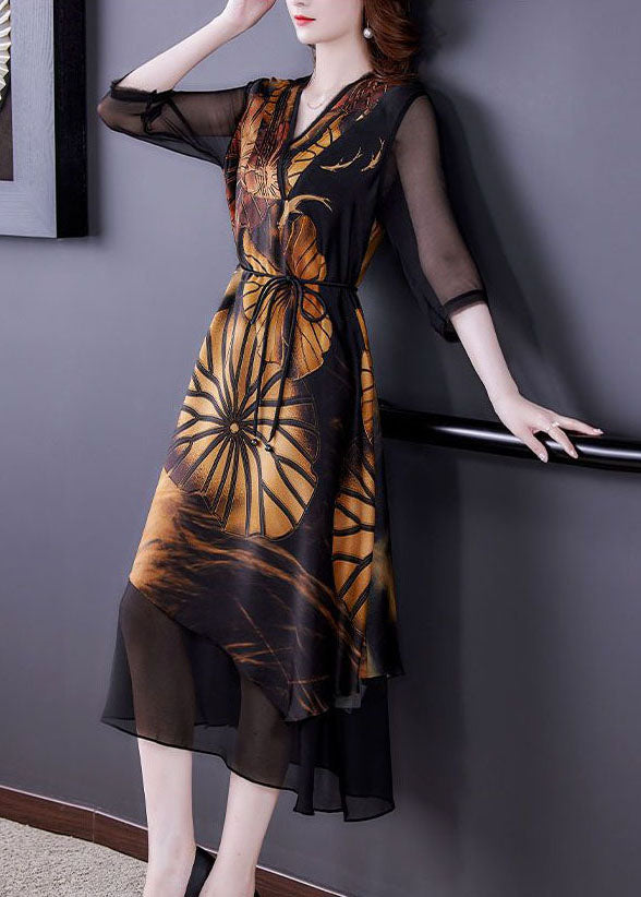 Women Black Asymmetrical Patchwork Print Silk Dress Summer TH1015 - fabuloryshop