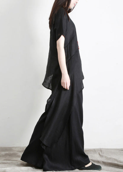 Women Black Asymmetrical Solid Linen Top And Pants Two Pieces Set Short Sleeve LY5148 - fabuloryshop