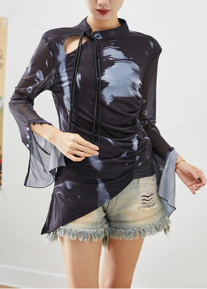 Women Black Asymmetrical Tie Dye Spandex Blouse Tops Flare Sleeve Ada Fashion