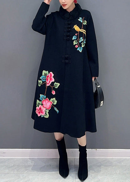 Women Black Button Print Patchwork Cotton Knit Coats Long Sleeve Ada Fashion