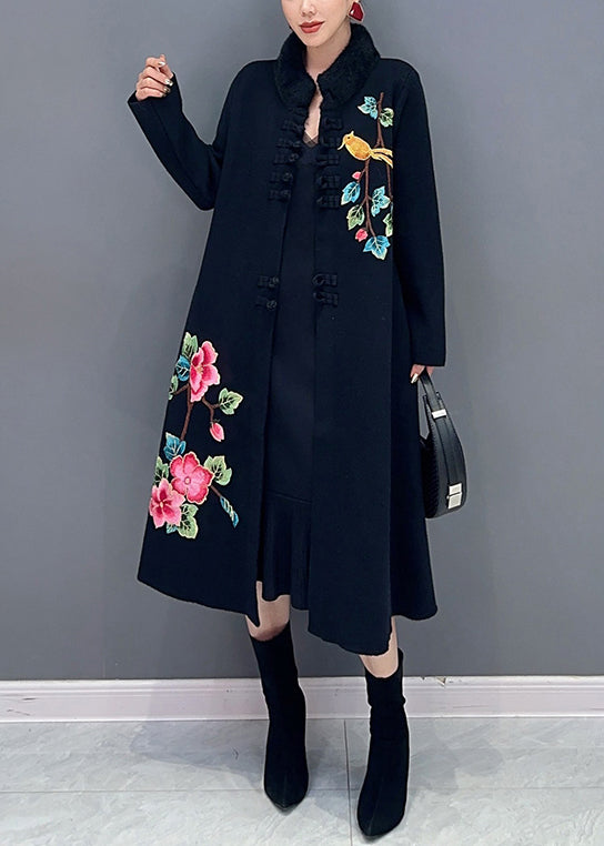 Women Black Button Print Patchwork Cotton Knit Coats Long Sleeve Ada Fashion