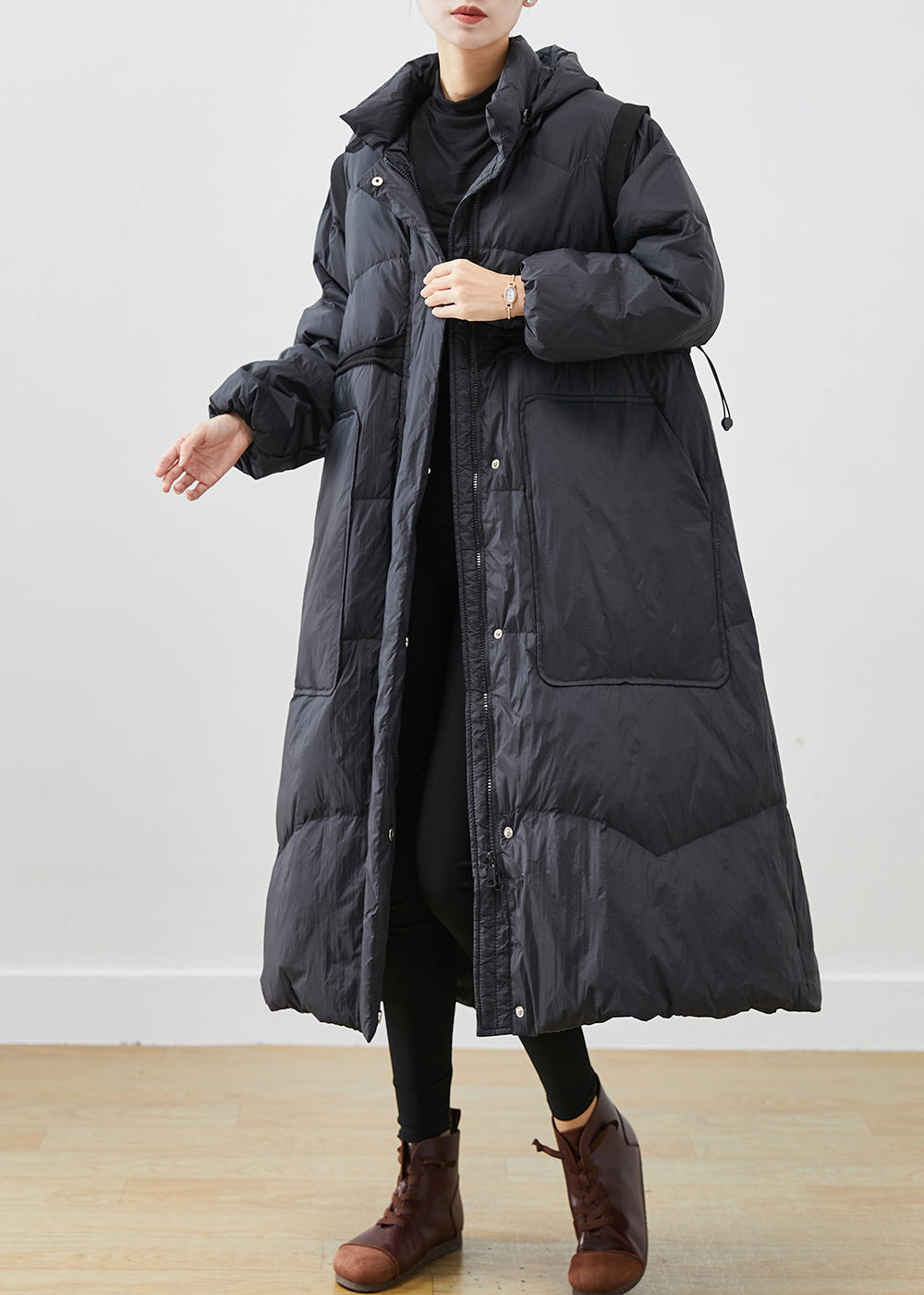 Women Black Cinched Big Pockets Duck Down Down Coat Winter Ada Fashion