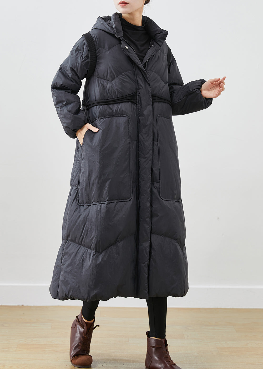 Women Black Cinched Big Pockets Duck Down Down Coat Winter Ada Fashion