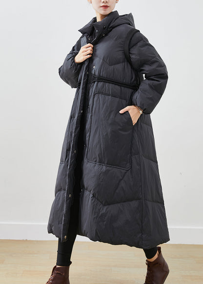 Women Black Cinched Big Pockets Duck Down Down Coat Winter Ada Fashion