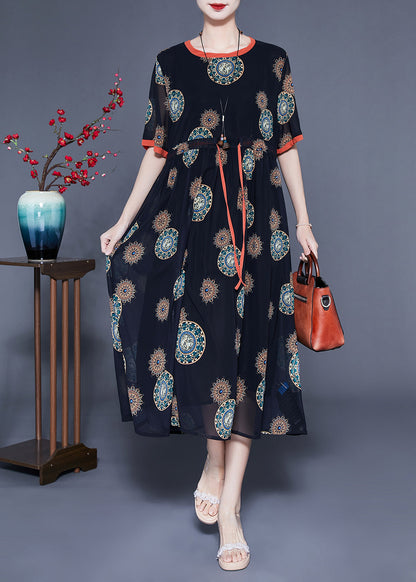 Women Black Cinched Print Chiffon Long Dress Summer LC0411 - fabuloryshop