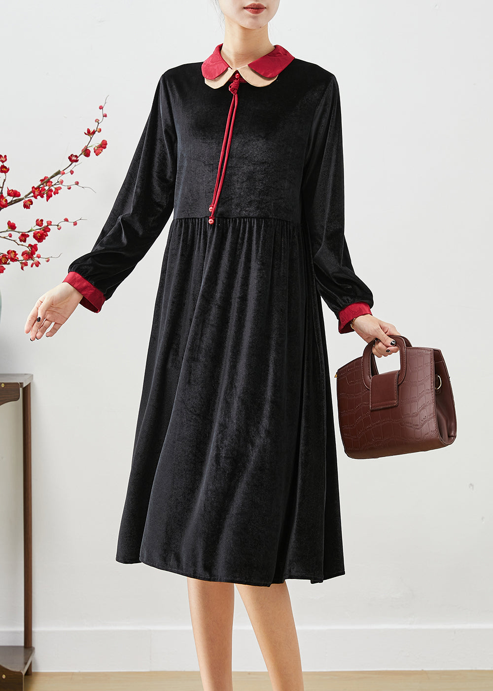 Women Black Double-layer Tasseled Silk Velour Dress Fall Ada Fashion