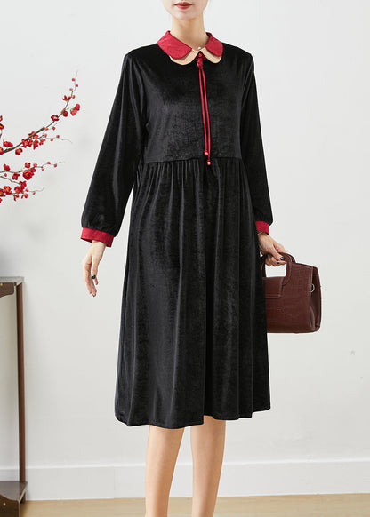 Women Black Double-layer Tasseled Silk Velour Dress Fall Ada Fashion