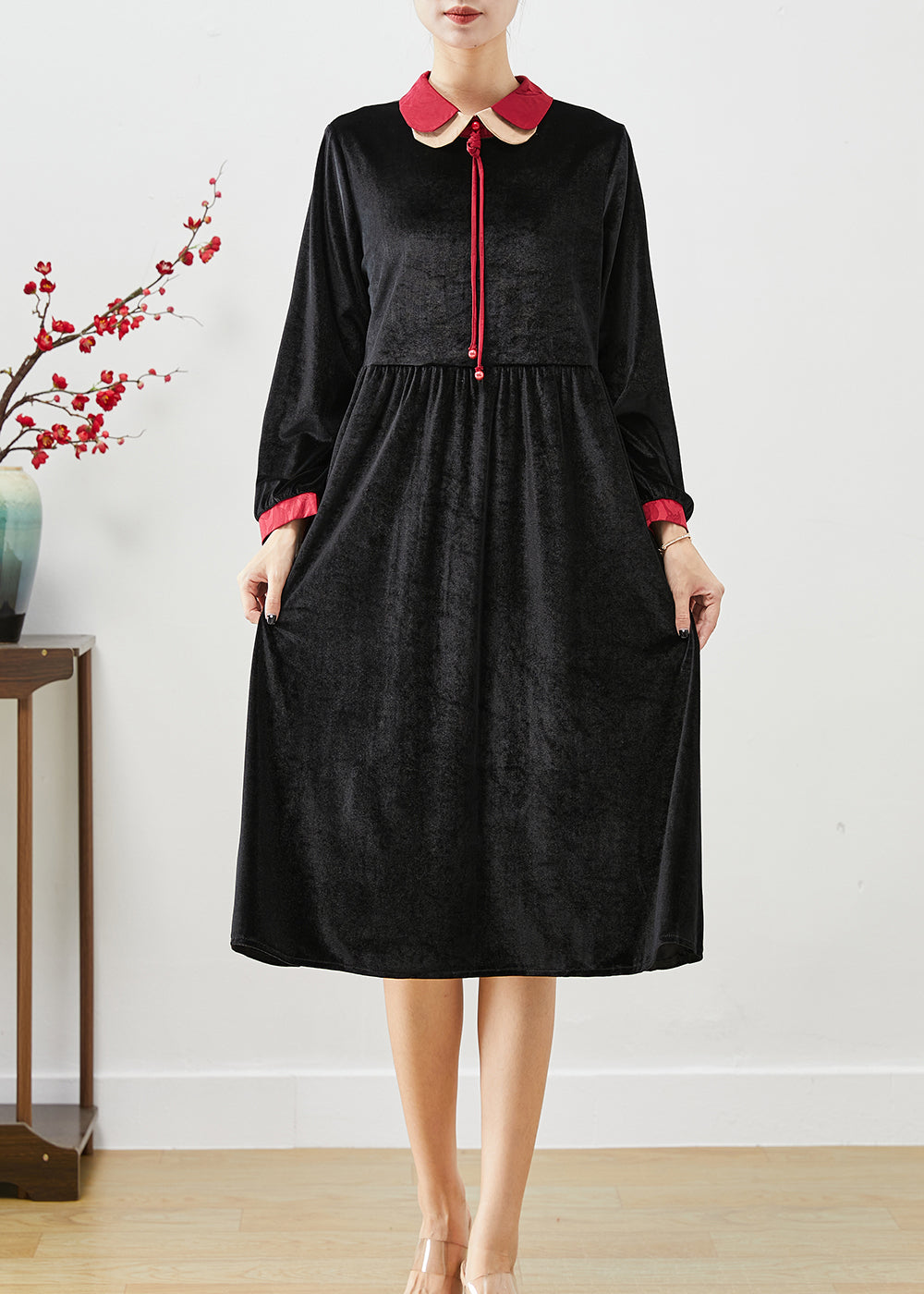 Women Black Double-layer Tasseled Silk Velour Dress Fall Ada Fashion