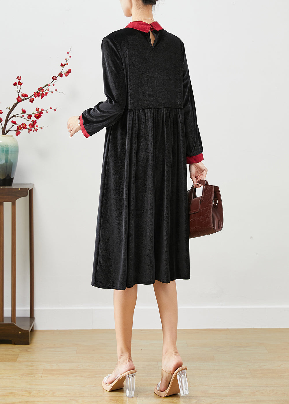 Women Black Double-layer Tasseled Silk Velour Dress Fall Ada Fashion