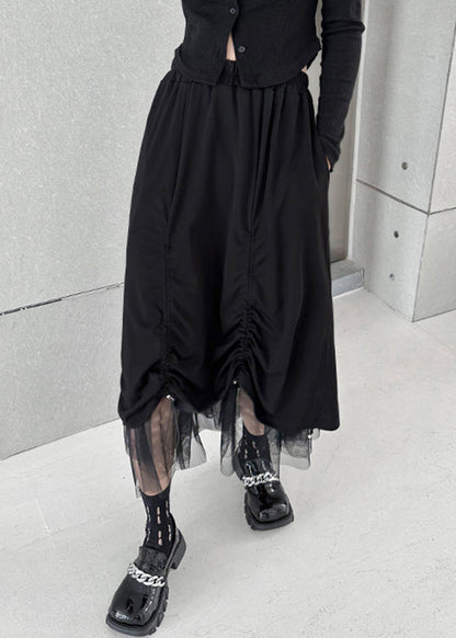 Women Black Drawstring Elastic Waist Tulle Patchwork Skirt Summer Ada Fashion