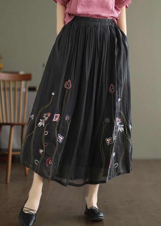 Women Black Elastic Waist Embroideried Linen Silk Skirt Spring TG1009 - fabuloryshop