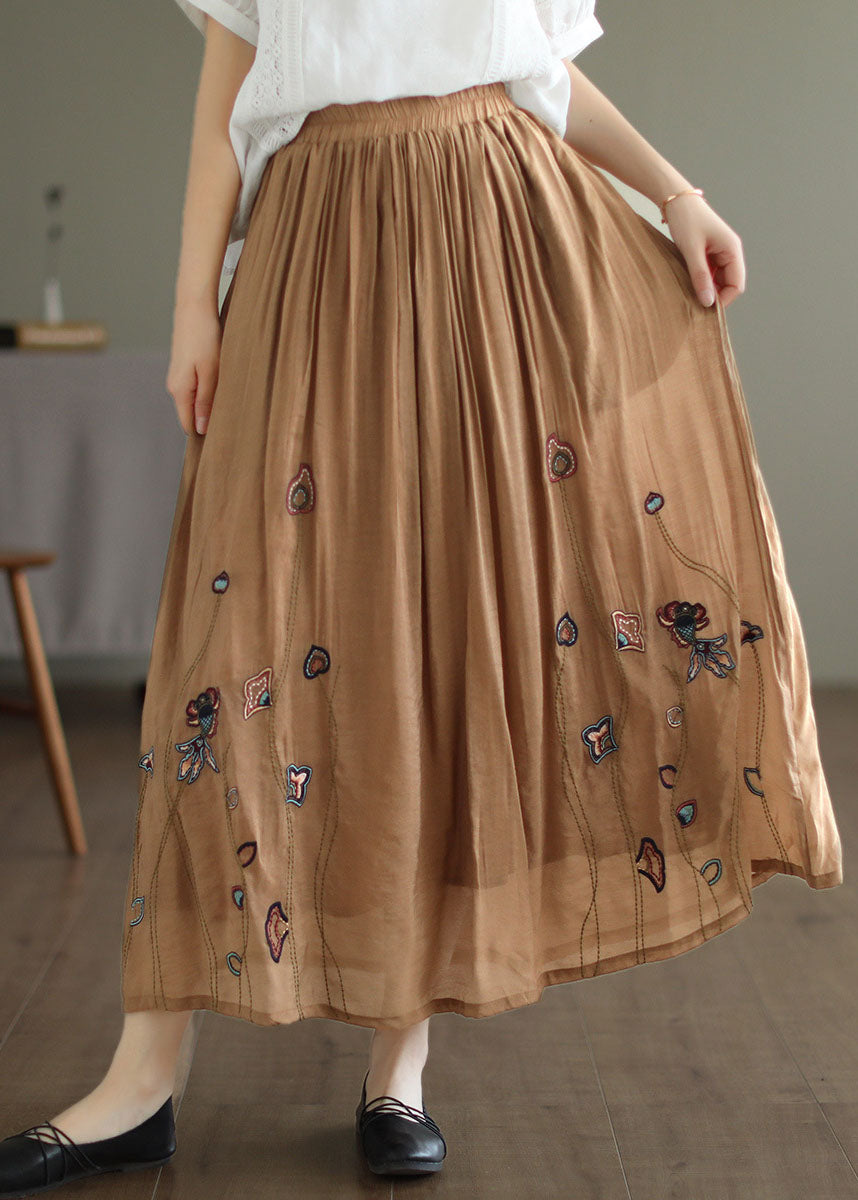 Women Black Elastic Waist Embroideried Linen Silk Skirt Spring TG1009 - fabuloryshop