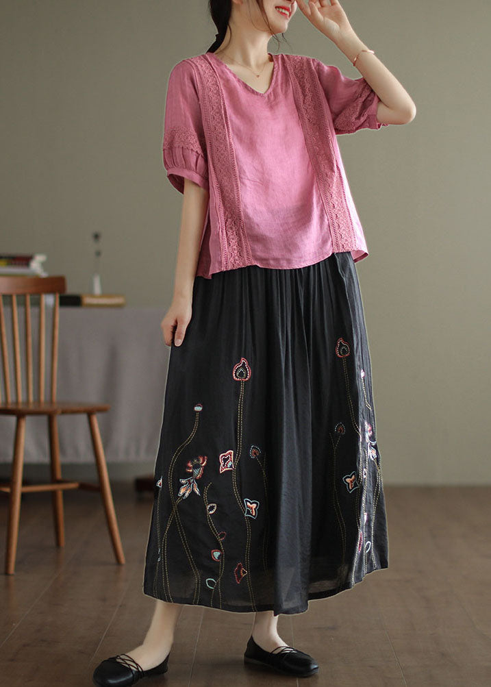 Women Black Elastic Waist Embroideried Linen Silk Skirt Spring TG1009 - fabuloryshop