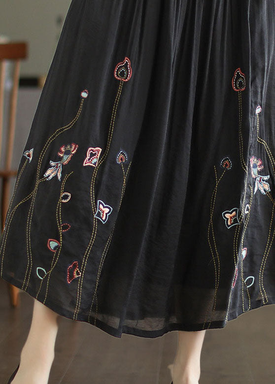 Women Black Elastic Waist Embroideried Linen Silk Skirt Spring TG1009 - fabuloryshop