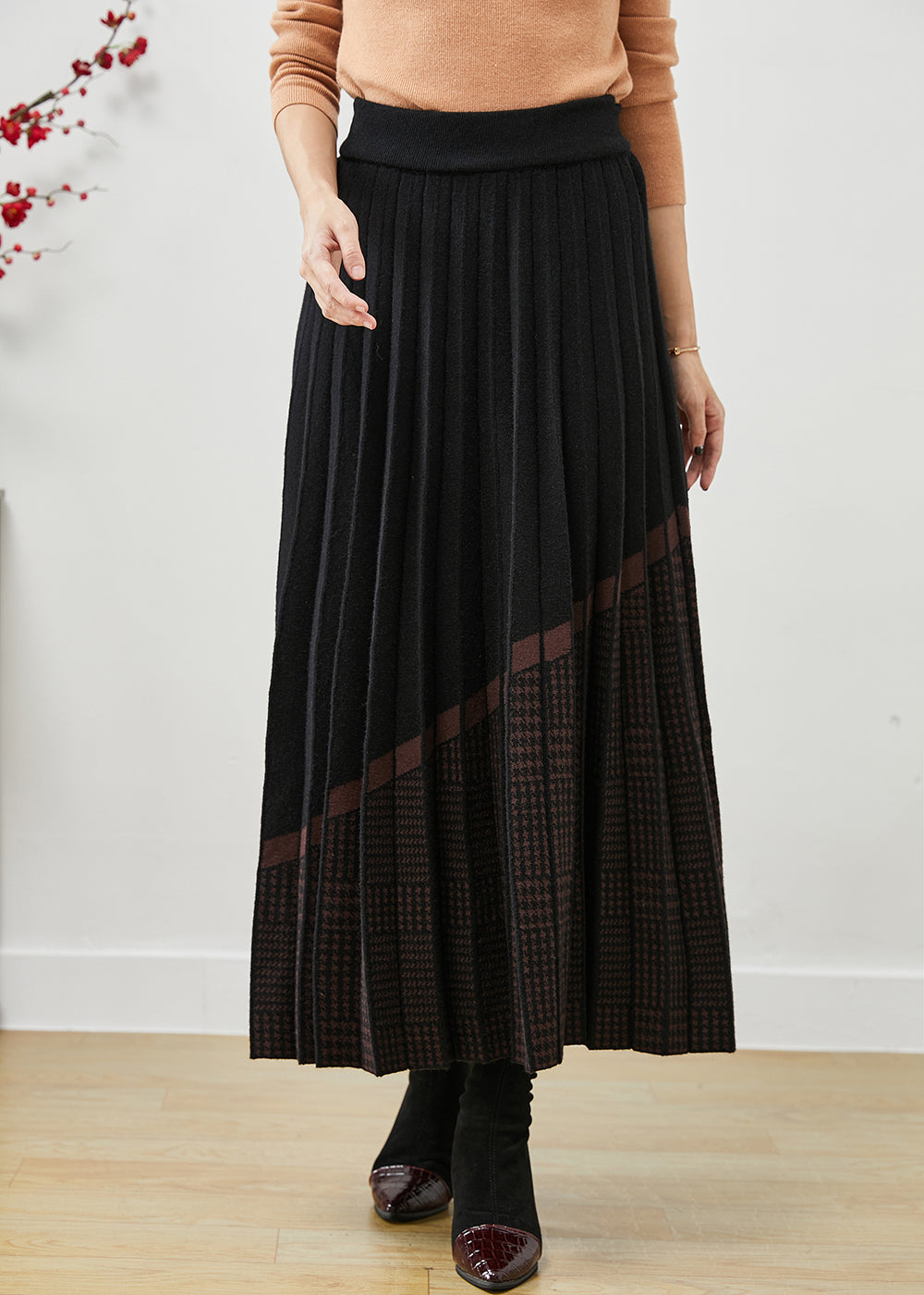 Women Black Elastic Waist Print Woolen Pleated Skirt Fall Ada Fashion