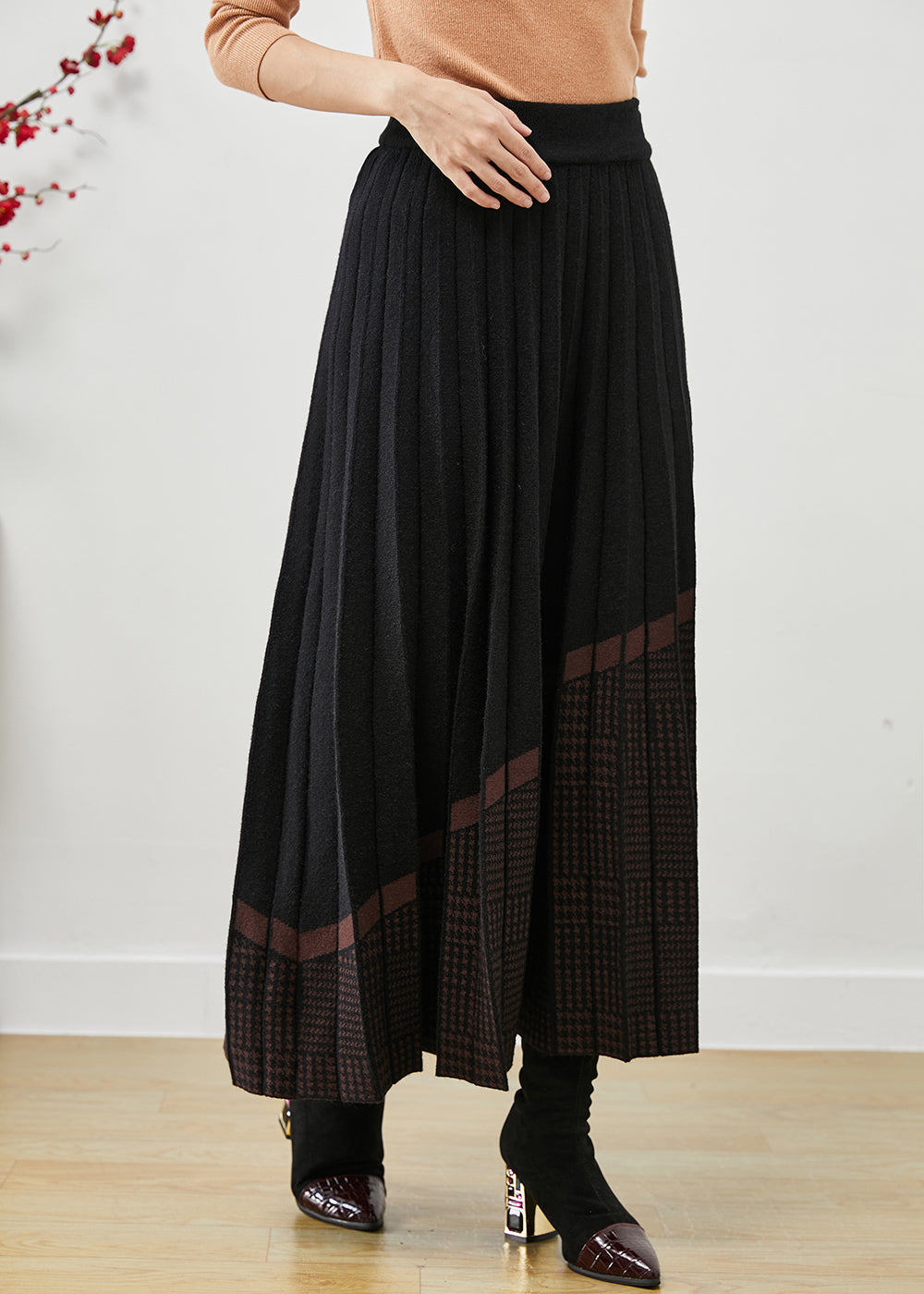 Women Black Elastic Waist Print Woolen Pleated Skirt Fall Ada Fashion