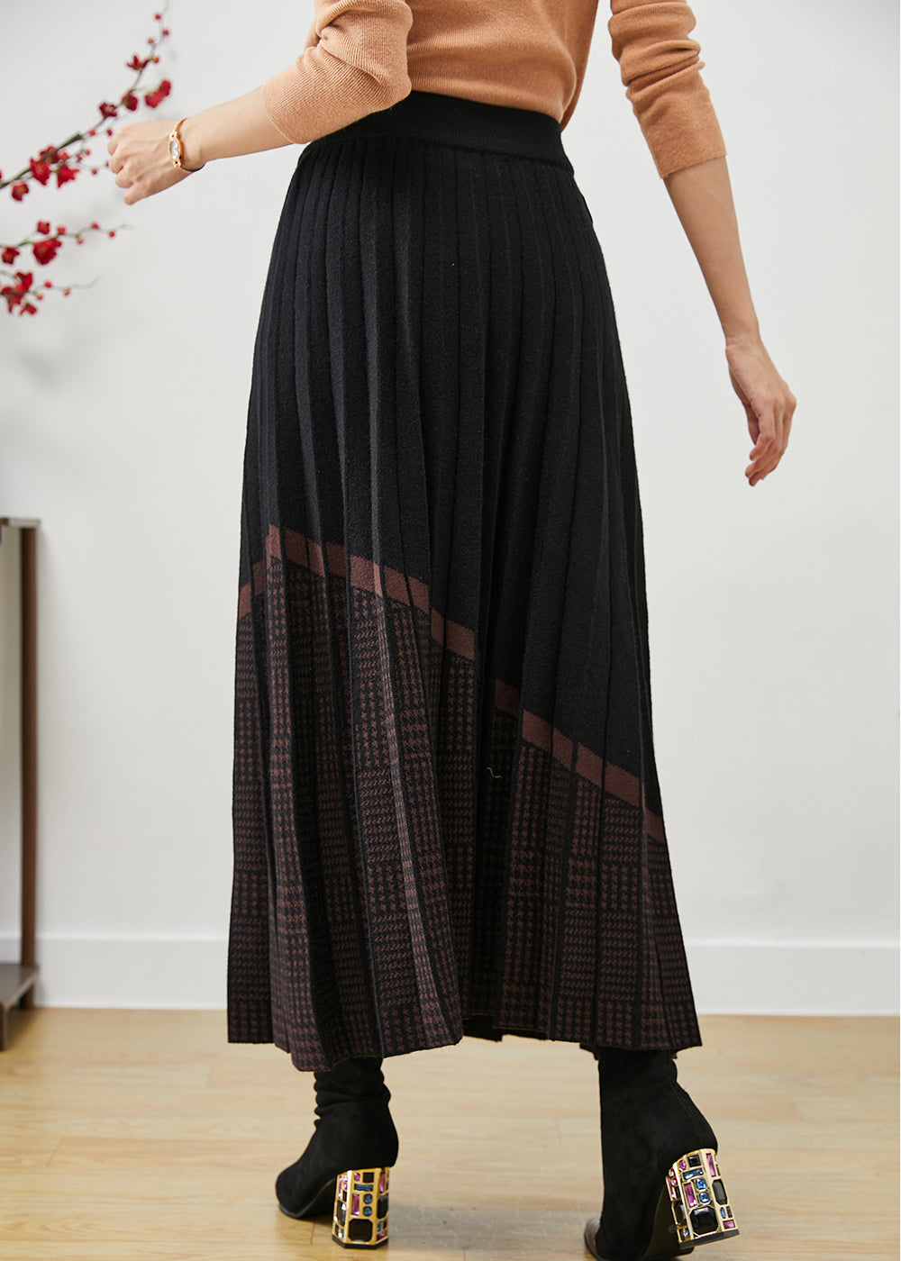 Women Black Elastic Waist Print Woolen Pleated Skirt Fall Ada Fashion