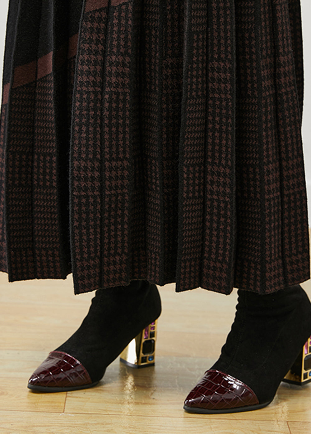 Women Black Elastic Waist Print Woolen Pleated Skirt Fall Ada Fashion