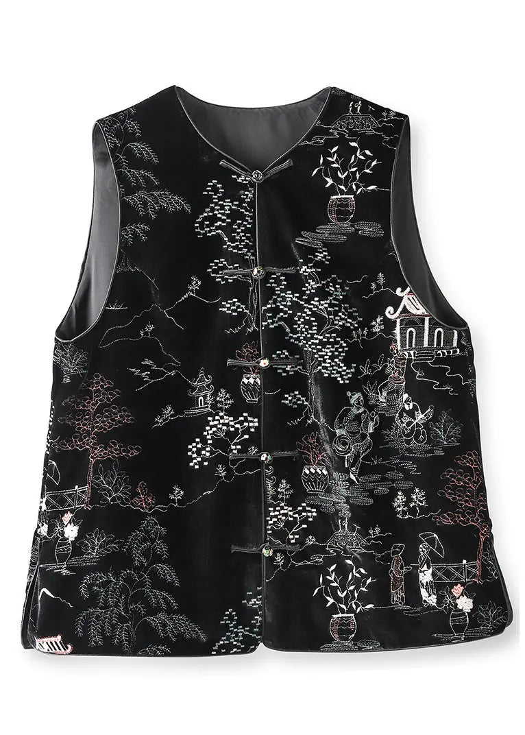 Women Black Embroidered Button Patchwork Silk Velour Waistcoat Fall Ada Fashion