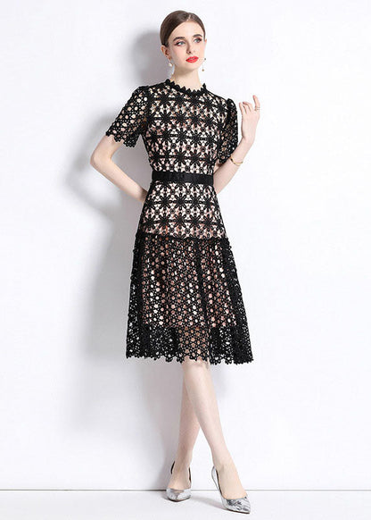 Women Black Embroideried Hollow Out Patchwork Lace Dress Summer LY7439 - fabuloryshop