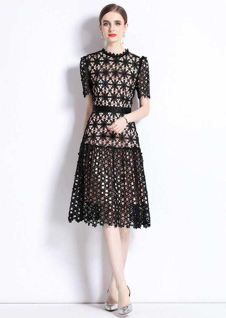 Women Black Embroideried Hollow Out Patchwork Lace Dress Summer LY7439 - fabuloryshop