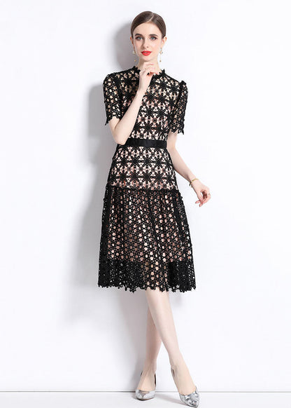 Women Black Embroideried Hollow Out Patchwork Lace Dress Summer LY7439 - fabuloryshop