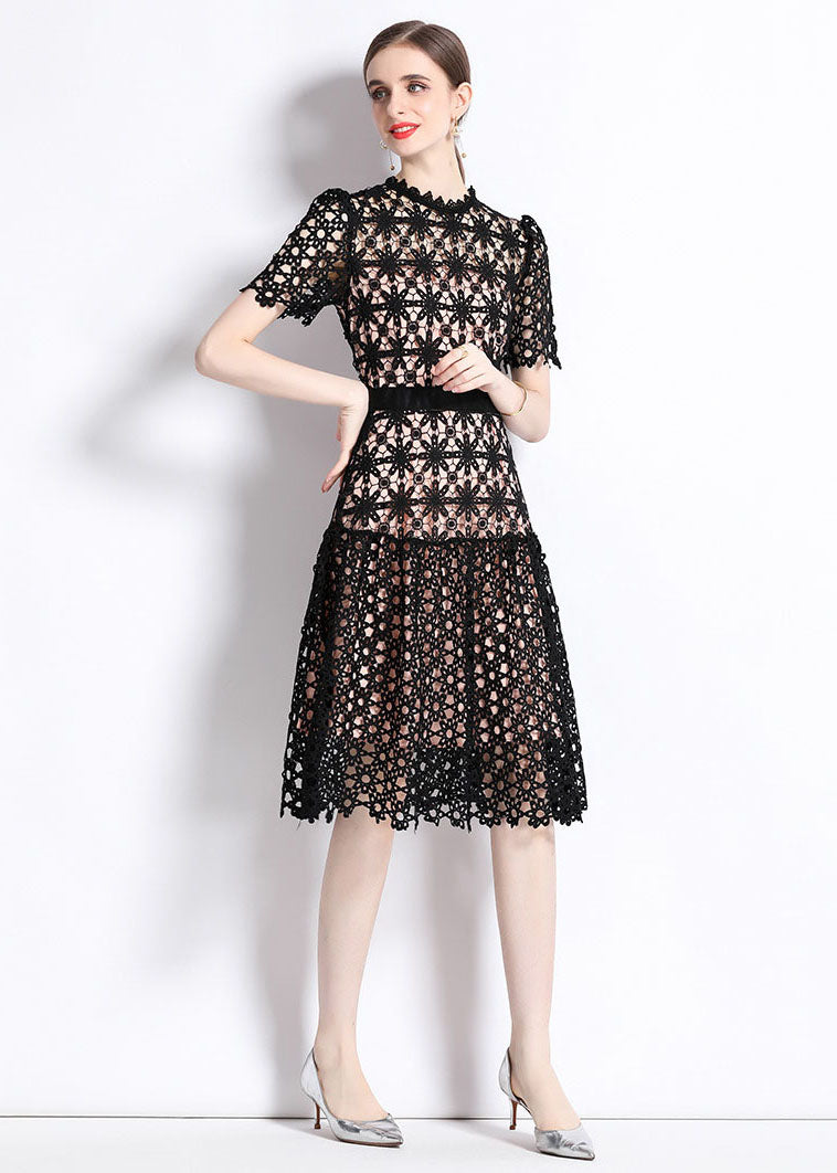 Women Black Embroideried Hollow Out Patchwork Lace Dress Summer LY7439 - fabuloryshop