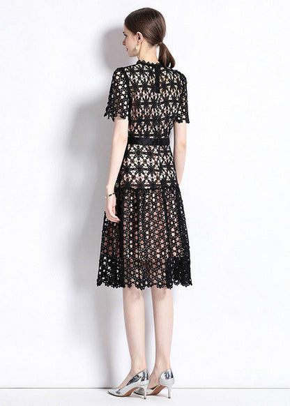 Women Black Embroideried Hollow Out Patchwork Lace Dress Summer LY7439 - fabuloryshop