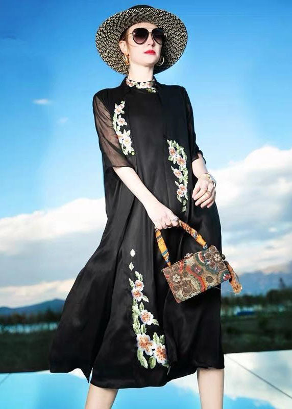 Women Black Embroideried Patchwork Silk Cardigans Summer LC0230 - fabuloryshop