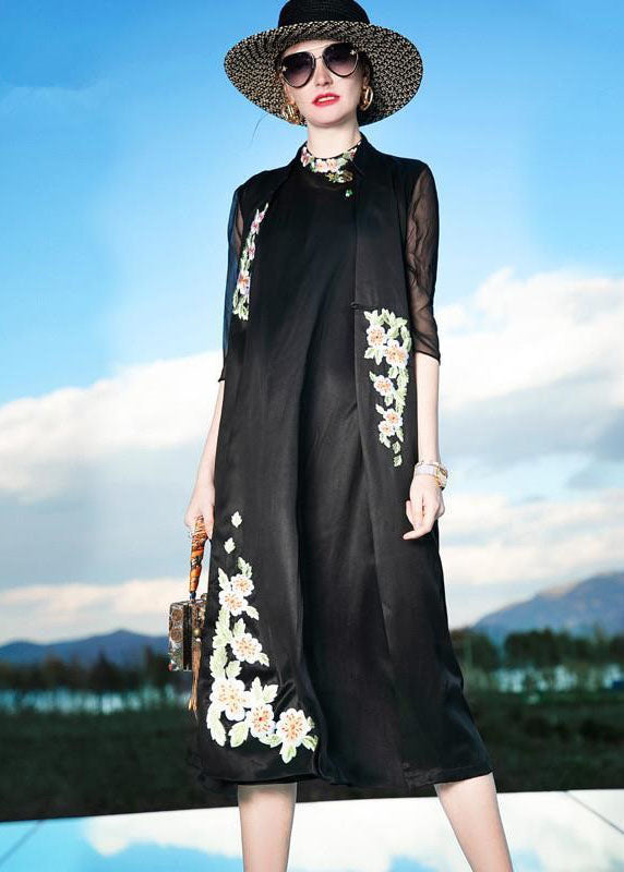 Women Black Embroideried Patchwork Silk Cardigans Summer LC0230 - fabuloryshop