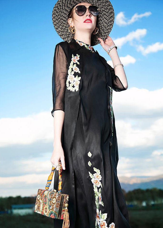 Women Black Embroideried Patchwork Silk Cardigans Summer LC0230 - fabuloryshop