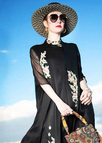 Women Black Embroideried Patchwork Silk Cardigans Summer LC0230 - fabuloryshop