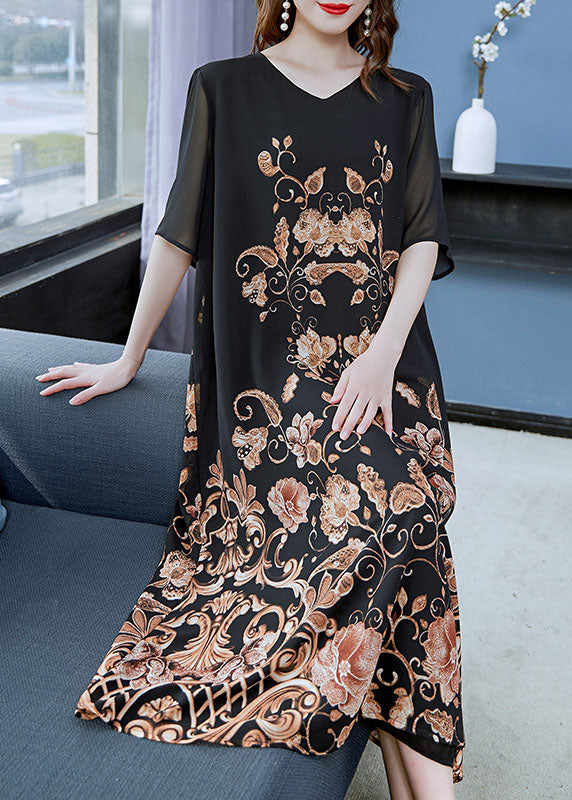 Women Black Gold V Neck Print Patchwork Chiffon Dress Summer LY6494 - fabuloryshop