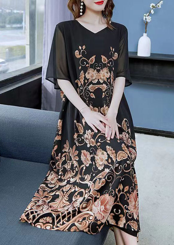 Women Black Gold V Neck Print Patchwork Chiffon Dress Summer LY6494 - fabuloryshop