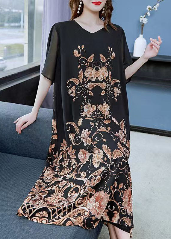 Women Black Gold V Neck Print Patchwork Chiffon Dress Summer LY6494 - fabuloryshop