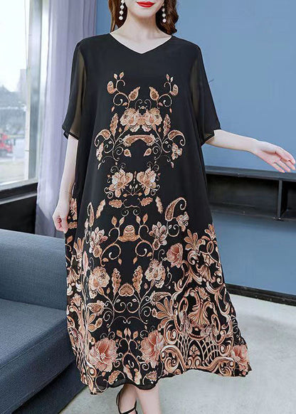 Women Black Gold V Neck Print Patchwork Chiffon Dress Summer LY6494 - fabuloryshop