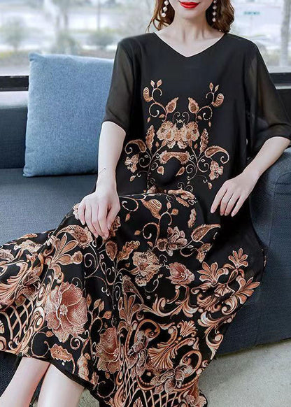 Women Black Gold V Neck Print Patchwork Chiffon Dress Summer LY6494 - fabuloryshop