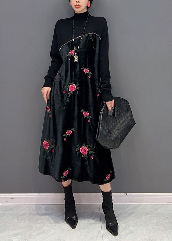 Women Black High Neck Embroideried Knit Patchwork Silk Velour Dress Spring LY1659 - fabuloryshop