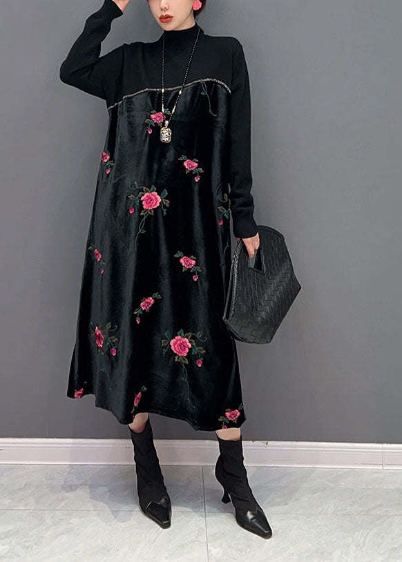 Women Black High Neck Embroideried Knit Patchwork Silk Velour Dress Spring LY1659 - fabuloryshop