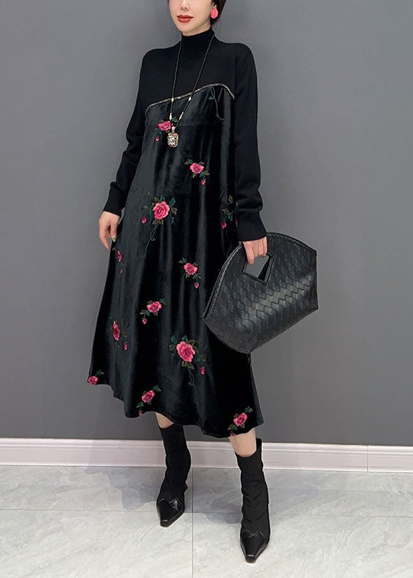 Women Black High Neck Embroideried Knit Patchwork Silk Velour Dress Spring LY1659 - fabuloryshop