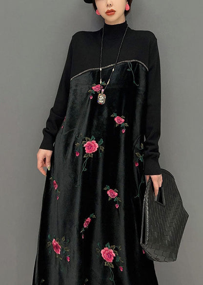 Women Black High Neck Embroideried Knit Patchwork Silk Velour Dress Spring LY1659 - fabuloryshop