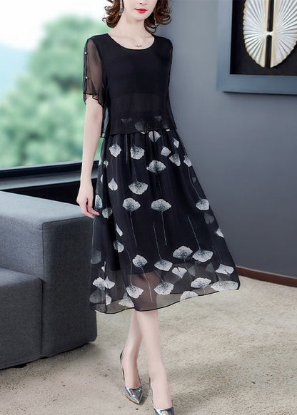 Women Black Hollow Out Patchwork Silk Fake Two Piece Dress Summer TH1013 - fabuloryshop