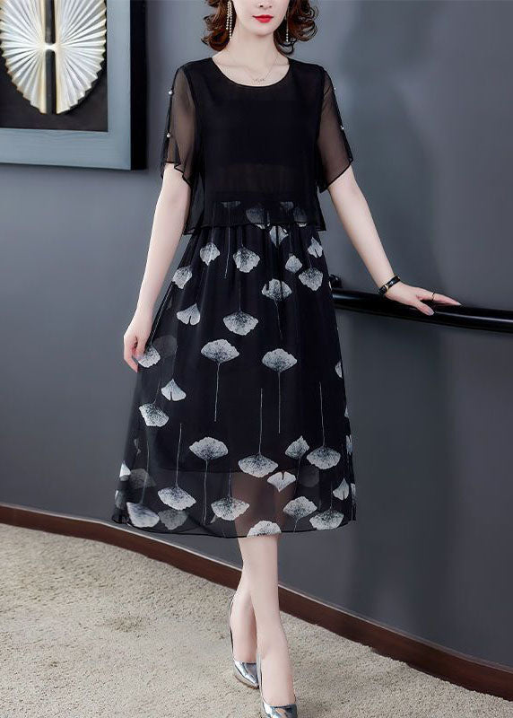 Women Black Hollow Out Patchwork Silk Fake Two Piece Dress Summer TH1013 - fabuloryshop