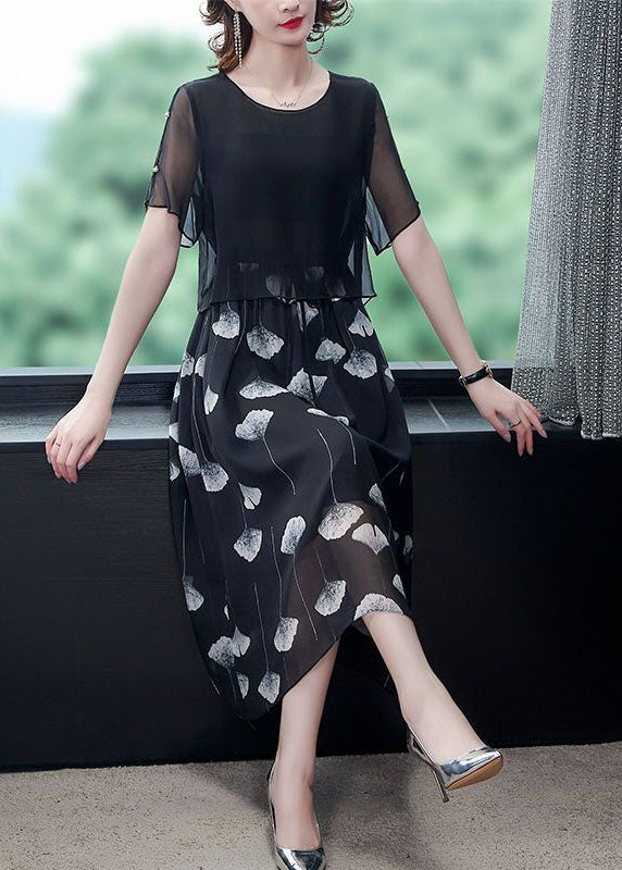 Women Black Hollow Out Patchwork Silk Fake Two Piece Dress Summer TH1013 - fabuloryshop