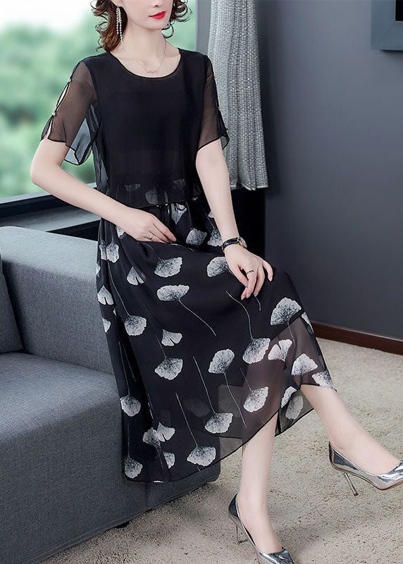 Women Black Hollow Out Patchwork Silk Fake Two Piece Dress Summer TH1013 - fabuloryshop