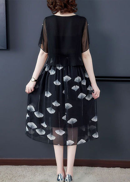 Women Black Hollow Out Patchwork Silk Fake Two Piece Dress Summer TH1013 - fabuloryshop