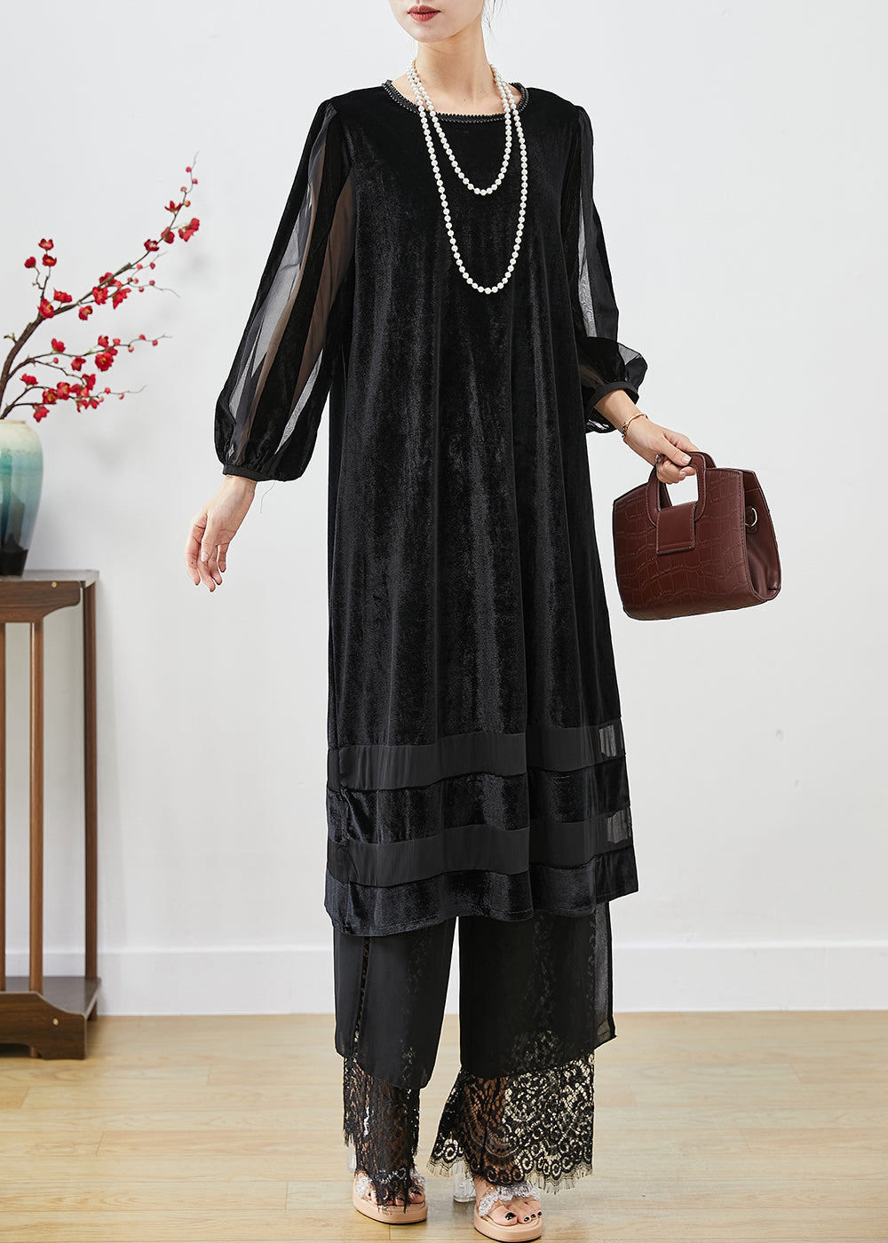 Women Black Hollow Out Patchwork Silk Velour Maxi Dresses Bracelet Sleeve Ada Fashion