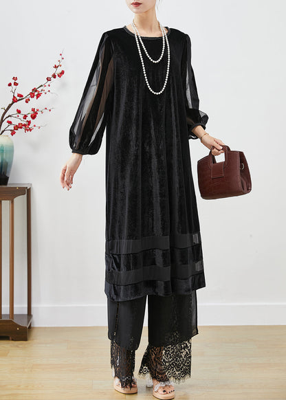 Women Black Hollow Out Patchwork Silk Velour Maxi Dresses Bracelet Sleeve Ada Fashion